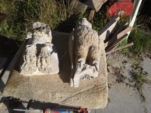het verlijmen van de rvs draadeinden in beide poten. De pennen zitten tot in de borst van de vogel.