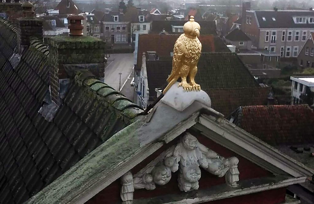 der vergoldete Falke auf dem Tympanon Valckeniershuis in Franeker