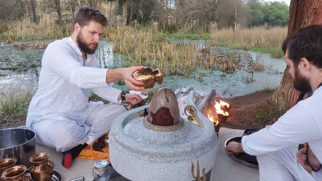 abhishekam of Shivalingam in Scotland at the Mohanji Centre of Benevolence