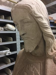 Sacred Heart statue limestone Our Dear Lord in the basement