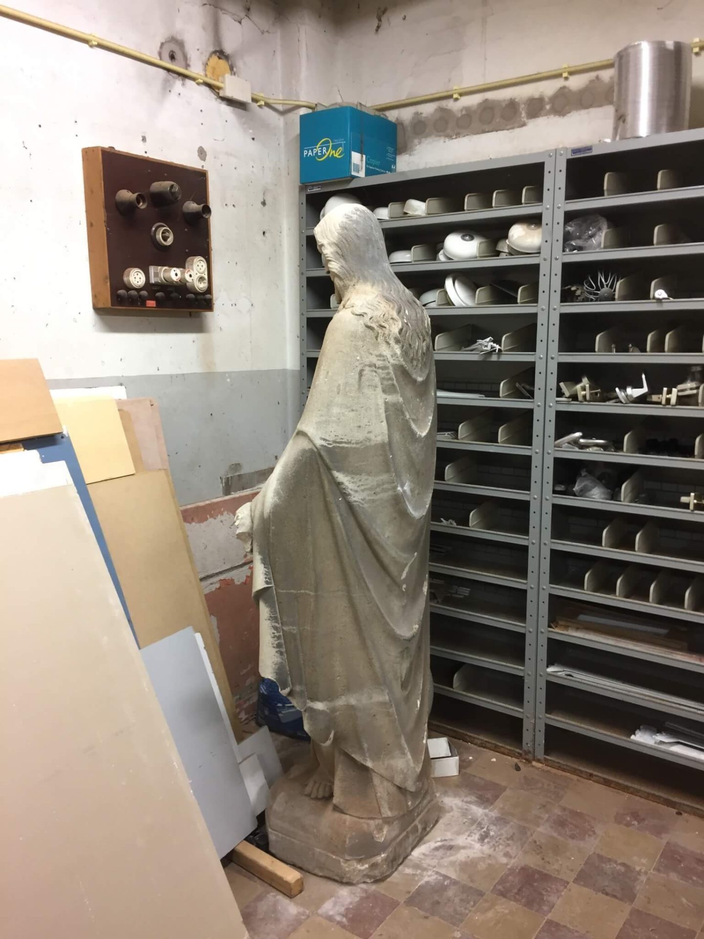Sacred Heart statue limestone Our Dear Lord in the basement