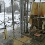 presawing stone sculptures in the snow